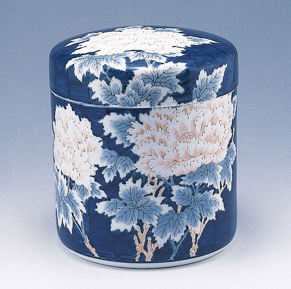 骨壷 染付手描 ピンク牡丹 7寸