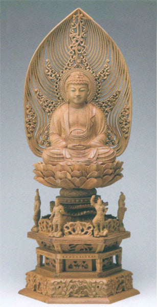 仏像 白檀 四天王六角台座 【座釈迦】 水煙光背 眼入 2.5寸/3寸