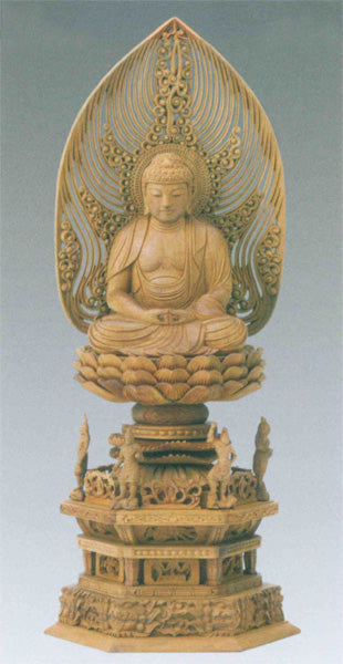 仏像 白檀 四天王六角台座 【座弥陀】 水煙光背 眼入 2.5寸/3寸