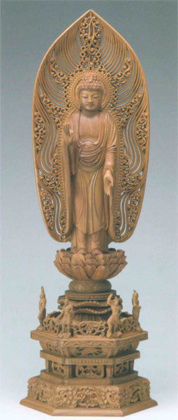 仏像 白檀 四天王六角台座 【舟立弥陀】 水煙光背 眼入 4.5寸/5寸