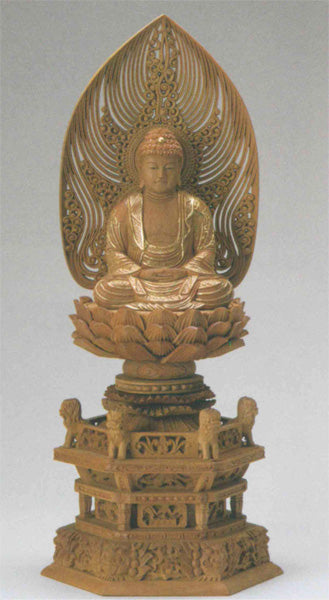 仏像 檀木 六角鬼面麒麟台座 【座釈迦または座弥陀】 水煙光背 眼入 切金付 2寸/2.5寸/3寸