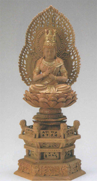仏像 檀木 六角鬼面麒麟台座 【大日如来】 二重火炎光背 眼入 切金付 2寸/2.5寸/3寸
