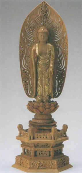 仏像 檀木 六角鬼面麒麟台座 【舟立弥陀】 水煙光背 眼入 切金付 4寸/4.5寸/5寸