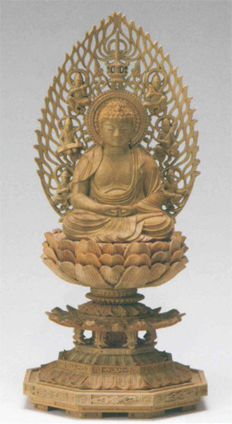 仏像 檀木 八角台座 【座釈迦または座弥陀】 飛天光背 眼入 2寸/2.5寸/3寸