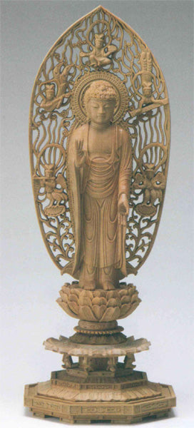 仏像 檀木 八角台座 【舟立弥陀】 飛天光背 眼入 3寸/3.5寸/4寸/4.5寸/5寸