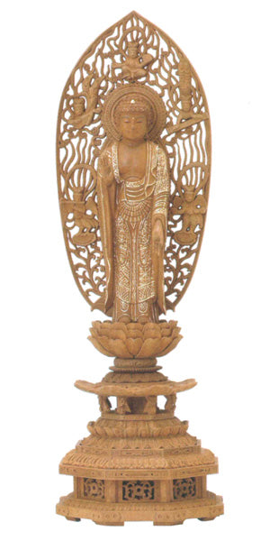 仏像 楠木 九重八角台座 【舟立弥陀】 舟型光背 眼入 切金付 4寸/4.5寸/5寸