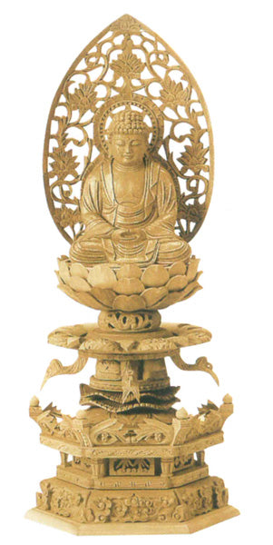 仏像 楠木地彫 六角台座ケマン付 【座釈迦】 金泥書 2寸/2.5寸/3寸/3.5寸