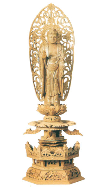 仏像 楠木地彫 六角台座ケマン付 【舟立弥陀】 金泥書 3寸/3.5寸/4寸/4.5寸/5寸/6寸