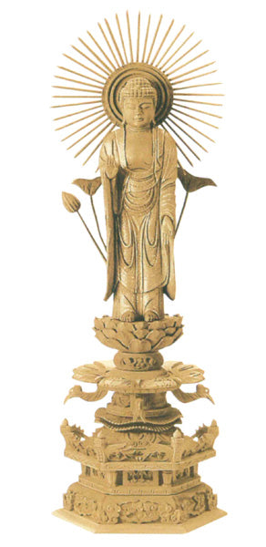 仏像 楠木地彫 六角台座ケマン付 【東立弥陀】 金泥書 3寸/3.5寸/4寸/4.5寸/5寸/6寸
