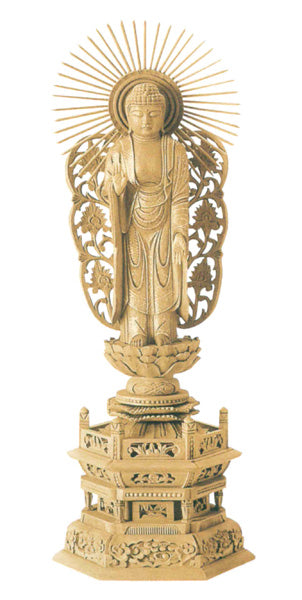 仏像 楠木地彫 六角台座 【西立弥陀】 金泥書 3寸/3.5寸/4寸/4.5寸/5寸/6寸