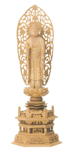 仏像 楠木地彫 六角台座 【舟立弥陀】 金泥書 3寸/3.5寸/4寸/4.5寸/5寸/6寸