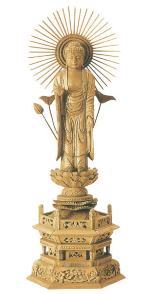 仏像 楠木地彫 六角台座 【東立弥陀】 金泥書 3寸/3.5寸/4寸/4.5寸/5寸/6寸