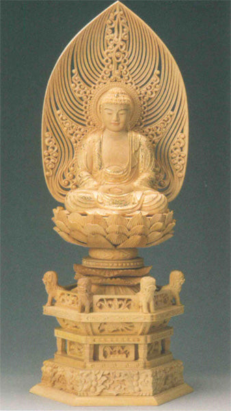 仏像 本柘植 六角鬼面麒麟台座 【座釈迦または座弥陀】 水煙光背 眼入 (切金付) 2寸/2.5寸/3寸