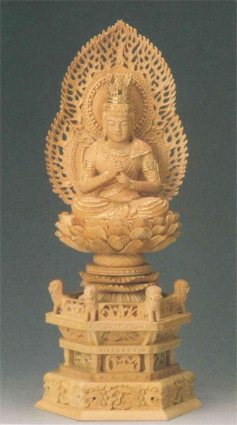 仏像 本柘植 六角鬼面麒麟台座 【大日如来】 二重火炎光背 眼入 (切金付) 2寸/2.5寸/3寸