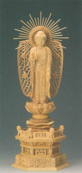 仏像 本柘植 六角鬼面麒麟台座 【西立弥陀】 西型唐草光背 眼入 (切金付) 4寸/4.5寸/5寸/6寸