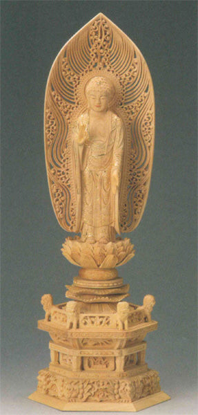 仏像 本柘植 六角鬼面麒麟台座 【舟立弥陀】 水煙光背 眼入 (切金付) 4寸/4.5寸/5寸/6寸