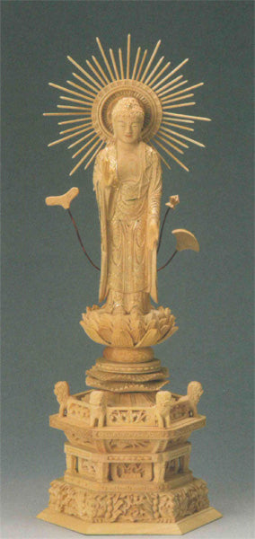 仏像 本柘植 六角鬼面麒麟台座 【東立弥陀】 東型光背 眼入 (切金付) 4寸/4.5寸/5寸/6寸