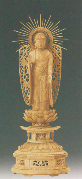 仏像 本柘植 金剛蓮華台座 【西立弥陀または東立弥陀】 西型唐草光背 眼入 4寸/4.5寸/5寸