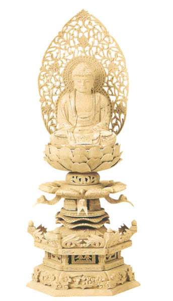 仏像 総柘植 六角ケマン 【座釈迦】 (唐草光背) 金泥書 2寸/2.5寸/3寸