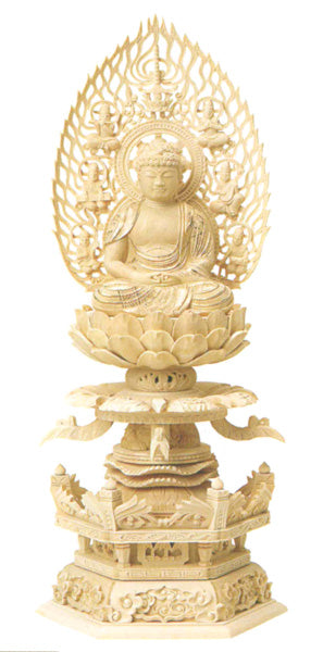 仏像 総柘植 六角ケマン 【座弥陀】 (飛天光背) 金泥書 2寸/2.5寸/3寸