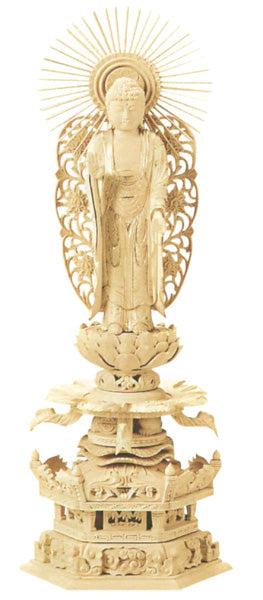 仏像 総柘植 六角ケマン 【西立弥陀】 (唐草光背) 金泥書 4寸/4.5寸/5寸/6寸