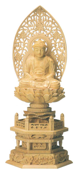 仏像 本柘植 六角台座 【座釈迦または座弥陀】 唐草光背 (金泥書) 1.8寸/2寸/2.5寸/3寸