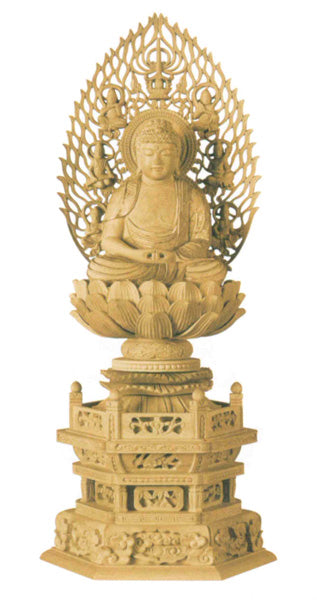 仏像 本柘植 六角台座 【座釈迦または座弥陀】 飛天光背 (金泥書) 2寸/2.5寸/3寸