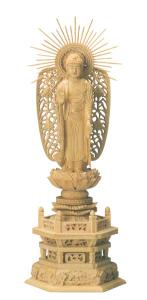 仏像 本柘植 六角台座 【西立弥陀】 西型光背 (金泥書) 3寸/3.5寸/4寸/4.5寸/5寸