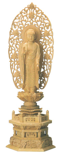 仏像 本柘植 六角台座 【舟立弥陀】唐草光背 (金泥書) 3寸/3.5寸/4寸/4.5寸/5寸