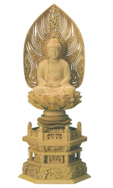 仏像 本柘植 六角台座 【座釈迦または座弥陀】 水煙光背 (木地) 2寸/2.5寸/3寸