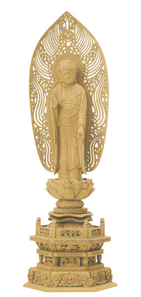 仏像 本柘植 六角台座 【舟立弥陀】 水煙光背 (木地) 3.5寸/4寸/4.5寸/5寸