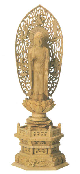 仏像 本柘植 六角台座 【舟立弥陀】 飛天光背 (木地) 3.5寸/4寸/4.5寸/5寸