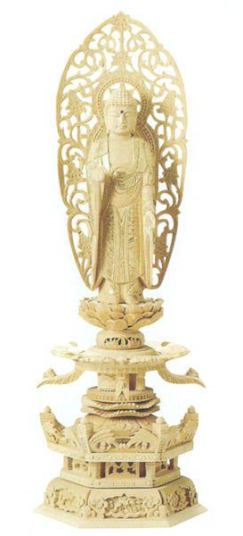 仏像 総白木 六角台座ケマン付 【舟立弥陀】 (金泥書)4寸/4.5寸/5寸/6寸