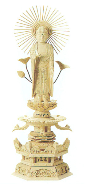 仏像 総白木 六角台座ケマン付 【東立弥陀】 (金泥書)4寸/4.5寸/5寸/6寸