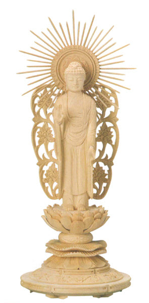 仏像 桧木 上彫木瓜丸台座 【西立弥陀】 唐草光背 3寸/3.5寸/4寸/4.5寸