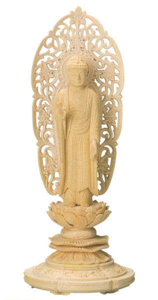 仏像 桧木 上彫木瓜丸台座 【舟立弥陀】 唐草光背 3寸/3.5寸/4寸/4.5寸