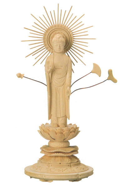 仏像 桧木 上彫木瓜丸台座 【東立弥陀】 3寸/3.5寸/4寸/4.5寸