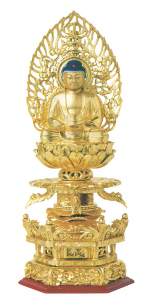 総木製純金箔 京型六角ケマン台座 【座釈迦または座弥陀】 吹蓮華 飛天光背 2寸/2.5寸/3寸