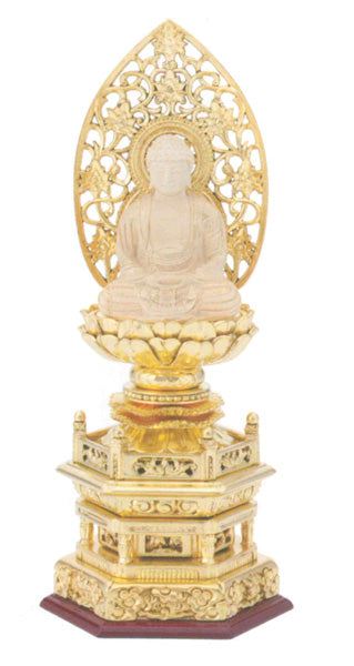 仏像 純金箔 六角台座 仏柘植 【座弥陀】 唐草光背 金泥書 2寸/2.5寸/3寸