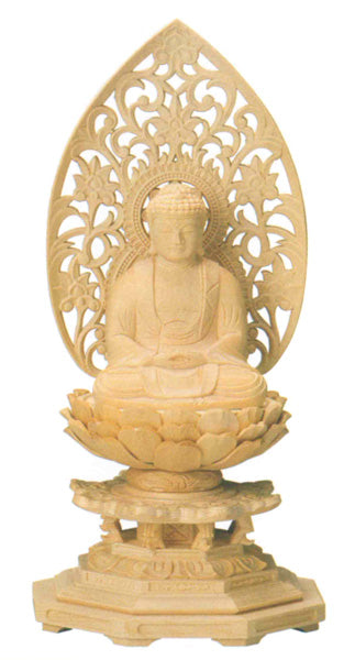 仏像 座釈迦【桧木】［八角台座・唐草光背］　1.8寸/2寸/2.5寸/3寸