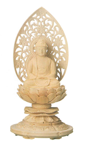 仏像 桧木 上彫木瓜丸台座 【座釈迦】 唐草光背　2寸/2.5寸